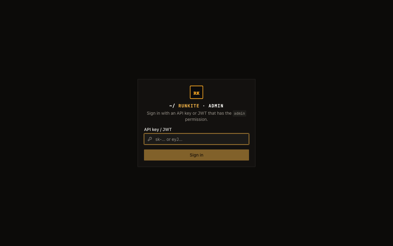 Runkite Admin login form requiring admin permission