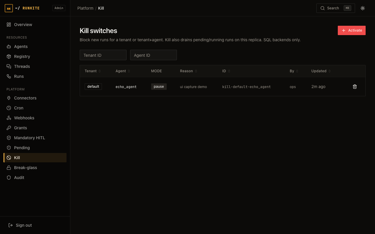 Runkite Admin Kill switches page
